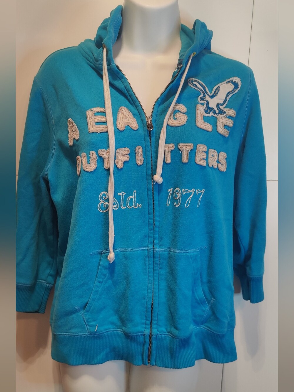 American Eagle Y2K Turquoise Eagle Fleece Full Zip Hoodie
